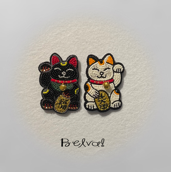 ビーズ刺繍ブローチ　- 招き猫　- 4枚目の画像