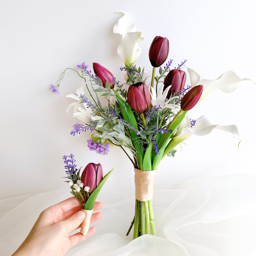 ウェディングブーケ　韓国ブーケ　カラー　チューリップ　ラベンダー ウェディングブーケ韓国ブーケカラーチューリップラベンダー