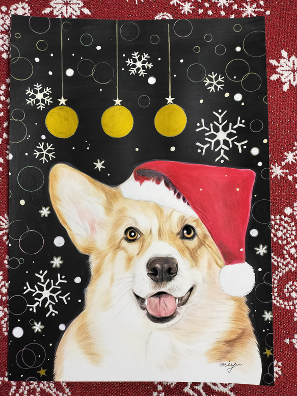クリスマスとわんこF  色鉛筆　手描きハンドメイド 2枚目の画像