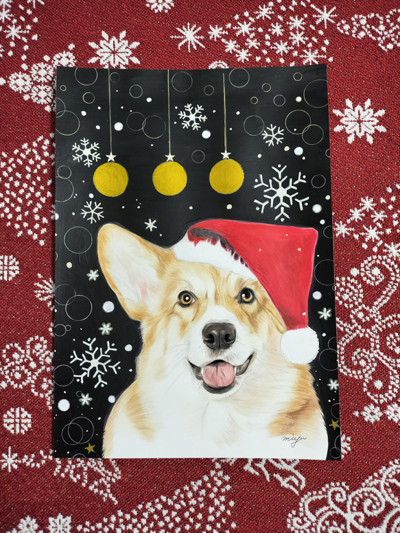 クリスマスとわんこF  色鉛筆　手描きハンドメイド 4枚目の画像