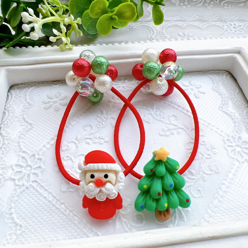 クリスマス サンタ ツリー 子供 ヘアゴム キッズ ビーズ キラキラ