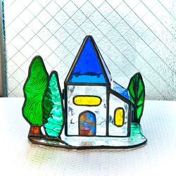青い屋根のハウス　ステンドグラス　クリスマス　キャンドルホルダー 3枚目の画像