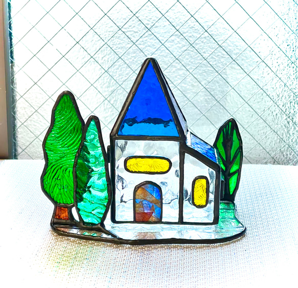 青い屋根のハウス　ステンドグラス　クリスマス　キャンドルホルダー 3枚目の画像