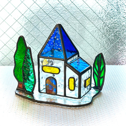 青い屋根のハウス　ステンドグラス　クリスマス　キャンドルホルダー 5枚目の画像