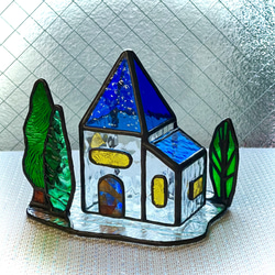 青い屋根のハウス　ステンドグラス　クリスマス　キャンドルホルダー 2枚目の画像