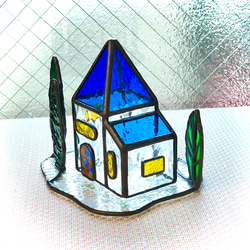 青い屋根のハウス　ステンドグラス　クリスマス　キャンドルホルダー 7枚目の画像