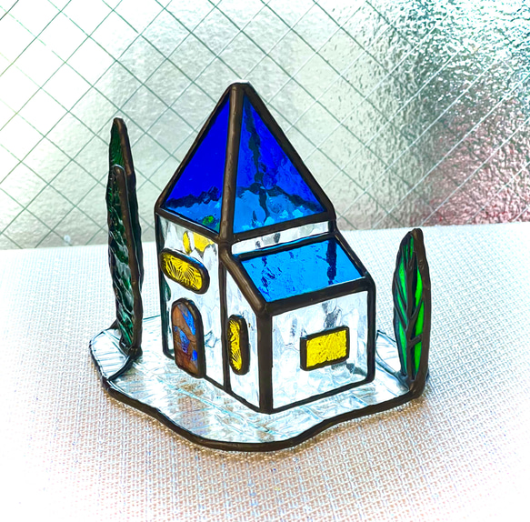 青い屋根のハウス　ステンドグラス　クリスマス　キャンドルホルダー 7枚目の画像