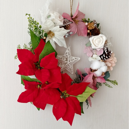 クリスマスリース ポインセチアとホワイトスター リース アート