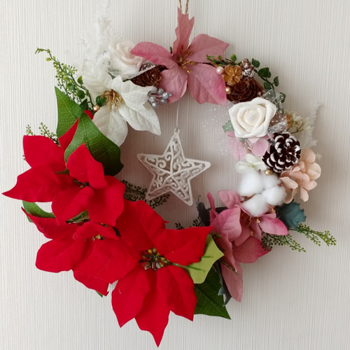 クリスマスリース ポインセチアとホワイトスター リース アート