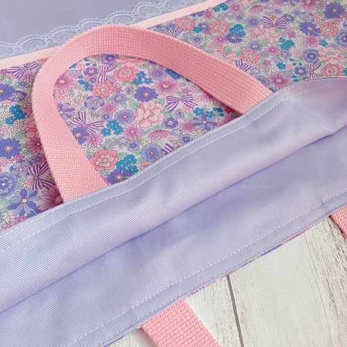 受注制作】花柄リボン 紫 レッスンバッグ 手提げバッグ 女の子 レース