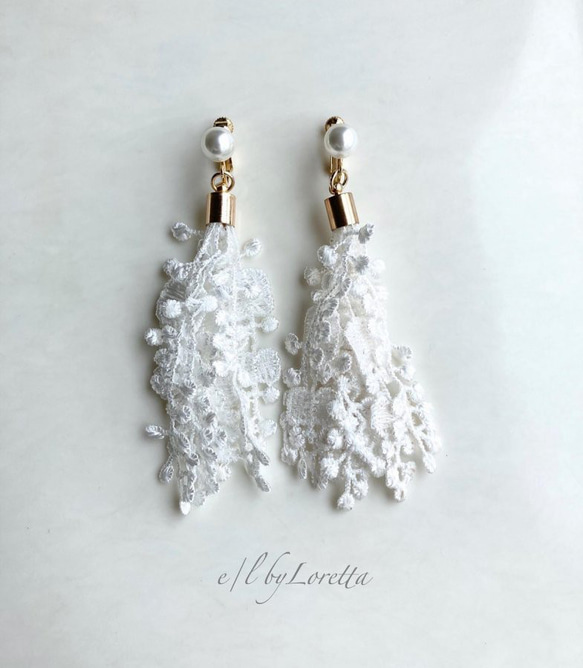 Lace tassel pearl pierce/earring(White) 1枚目の画像