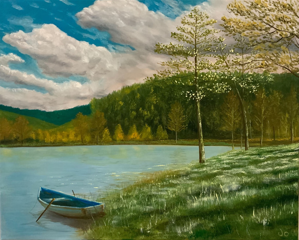 美しい油彩画 湖とボートの風景 美しい油彩画 湖とボートの風景