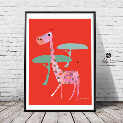 SAVANNAレッド キリン おしゃれ イラスト ポスター A4A3A2A1 アート