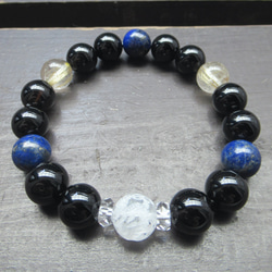 モリオン、龍彫り水晶、タイチンルチルブレスレット 17cm オマケ2個付き 龍彫水晶x黒水晶・モリオンxルチルクォーツxラピスラズリ