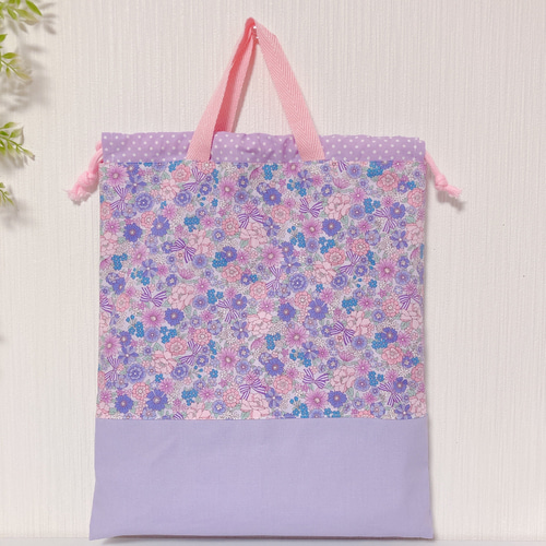 受注制作】3点セット花柄リボン 紫 レッスンバッグ 上履き入れ 受注制作】3点セット花柄リボン 紫 レッスンバッグ 上履き入れ