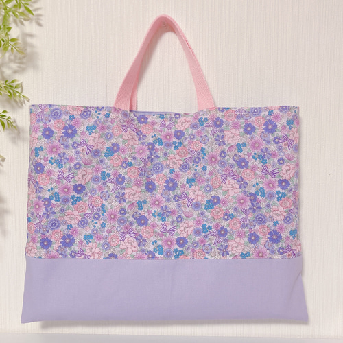受注制作】3点セット花柄リボン 紫 レッスンバッグ 上履き入れ