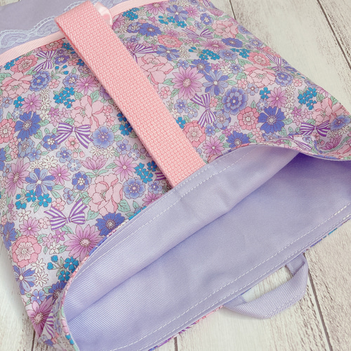 受注制作】3点セット花柄リボン 紫 レッスンバッグ 上履き入れ 受注制作】3点セット花柄リボン 紫 レッスンバッグ 上履き入れ