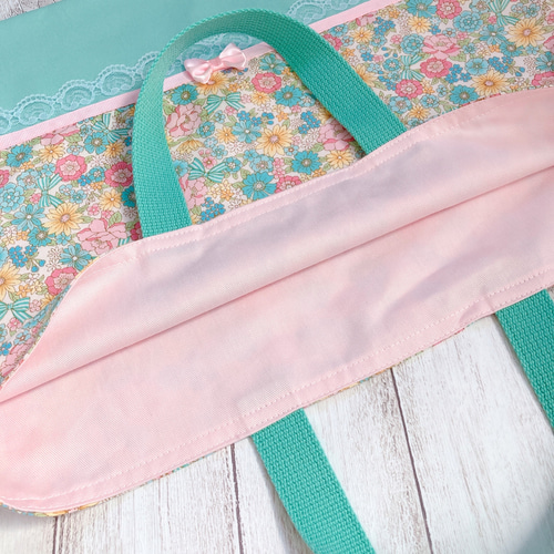 10ve9！リボン花柄レッスンバッグセット　くすみラベンダー　ハンドメイド 受注制作】花柄リボン ミント レッスンバッグ 手提げバッグ