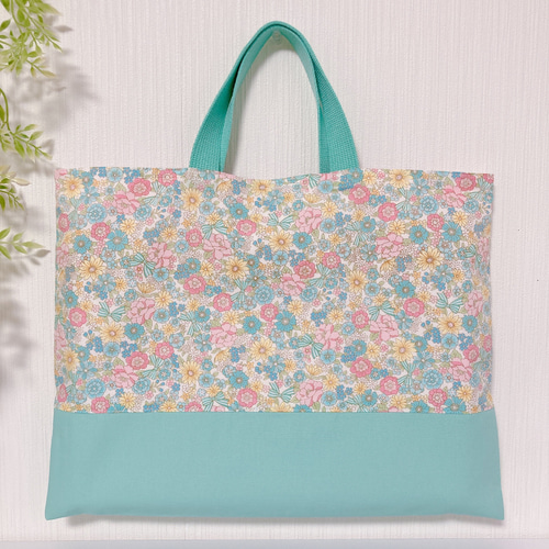 受注制作】花柄リボン ミント レッスンバッグ 手提げバッグ