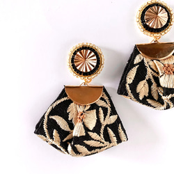 印度刺繡絲帶黑金米色設置手術不銹鋼耳環/耳環 第6張的照片