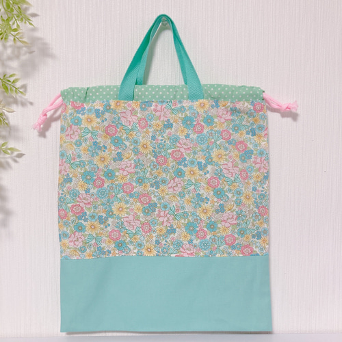 受注制作】花柄リボン ミント 持ち手付き体操服袋 お着替え袋
