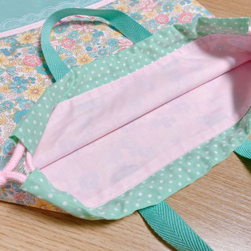 受注制作】3点セット花柄ミント レッスンバッグ 上履き入れ