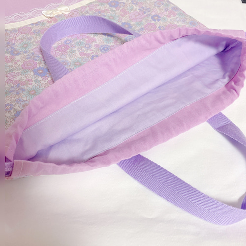 受注制作】3点セット花柄リボン パステルブルー レッスンバッグ