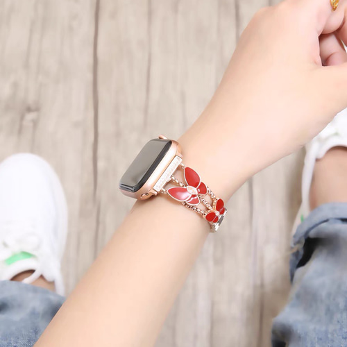 Apple Watch キラキラビジューチェーンベルト 蝶 全サイズ有り 赤
