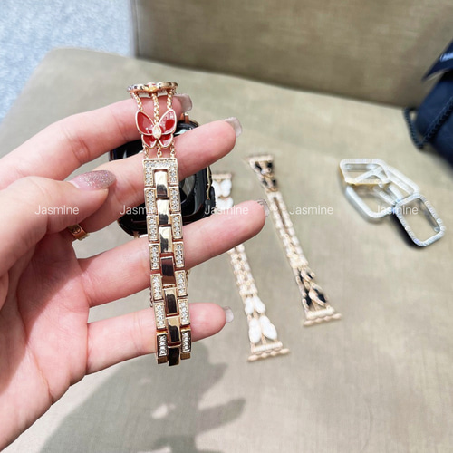 Apple Watch キラキラビジューチェーンベルト 蝶 全サイズ有り 赤