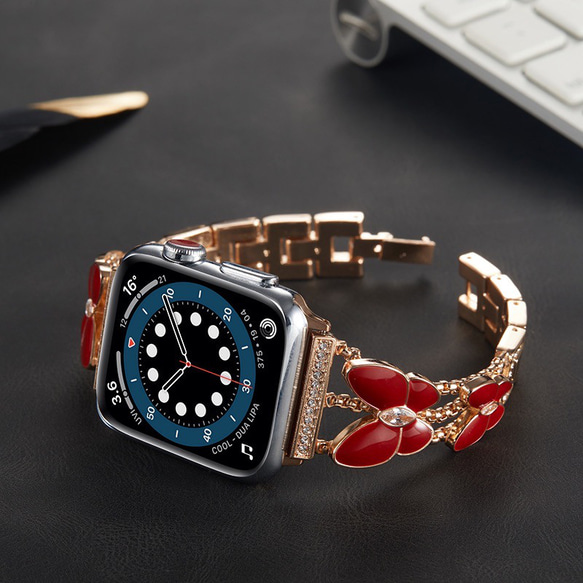 Apple Watch キラキラビジューチェーンベルト　蝶　全サイズ有り　赤 3枚目の画像