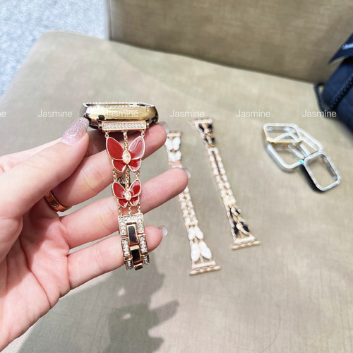Apple Watch キラキラビジューチェーンベルト 蝶 全サイズ有り 赤