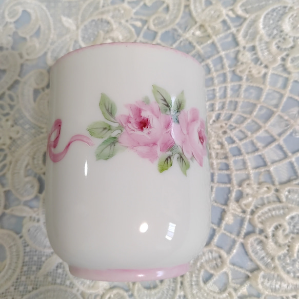 ♡四角皿➕湯呑み茶碗(薔薇/ピンク色リボン)13.5cmX13.5cm 10枚目の画像