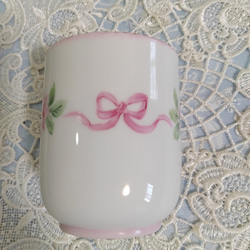 ♡四角皿➕湯呑み茶碗(薔薇/ピンク色リボン)13.5cmX13.5cm 9枚目の画像