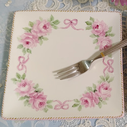 ♡四角皿➕湯呑み茶碗(薔薇/ピンク色リボン)13.5cmX13.5cm 4枚目の画像