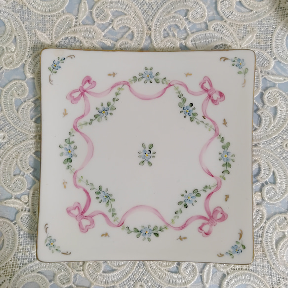 ♡角皿➕湯呑み茶碗(忘れな草/ ピンクリボン) 4枚目の画像