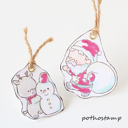 雪だるまを作るトナカイくんの消しゴムはんこ はんこ・スタンプ ぽと