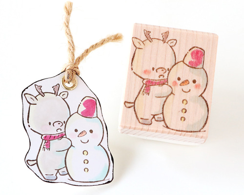 雪だるまを作るトナカイくんの消しゴムはんこ はんこ・スタンプ ぽと