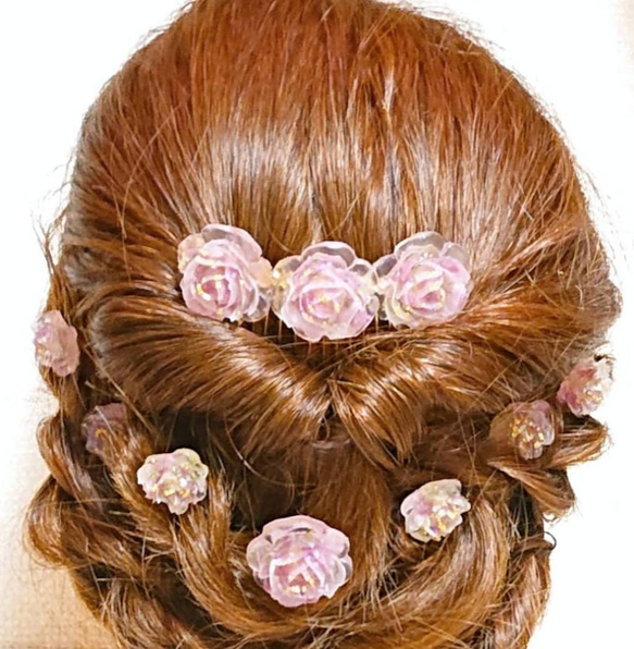 ピンクローズのオルゴナイトコーム(髪飾り) 6枚目の画像