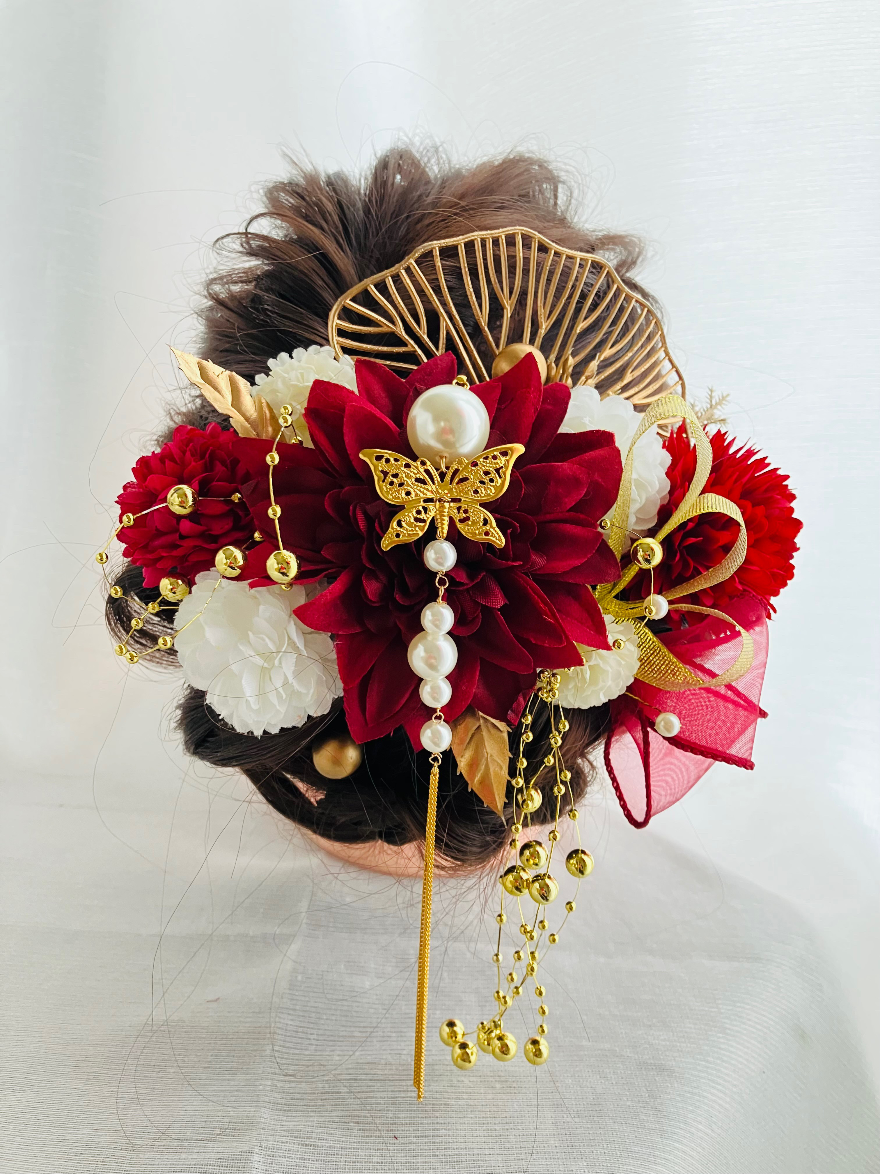 揺れる大ぶりパール簪&ダークレッドダリア&マム　結婚式 髪飾り　成人式髪飾り　卒業式髪飾り　和装　着物　袴　浴衣