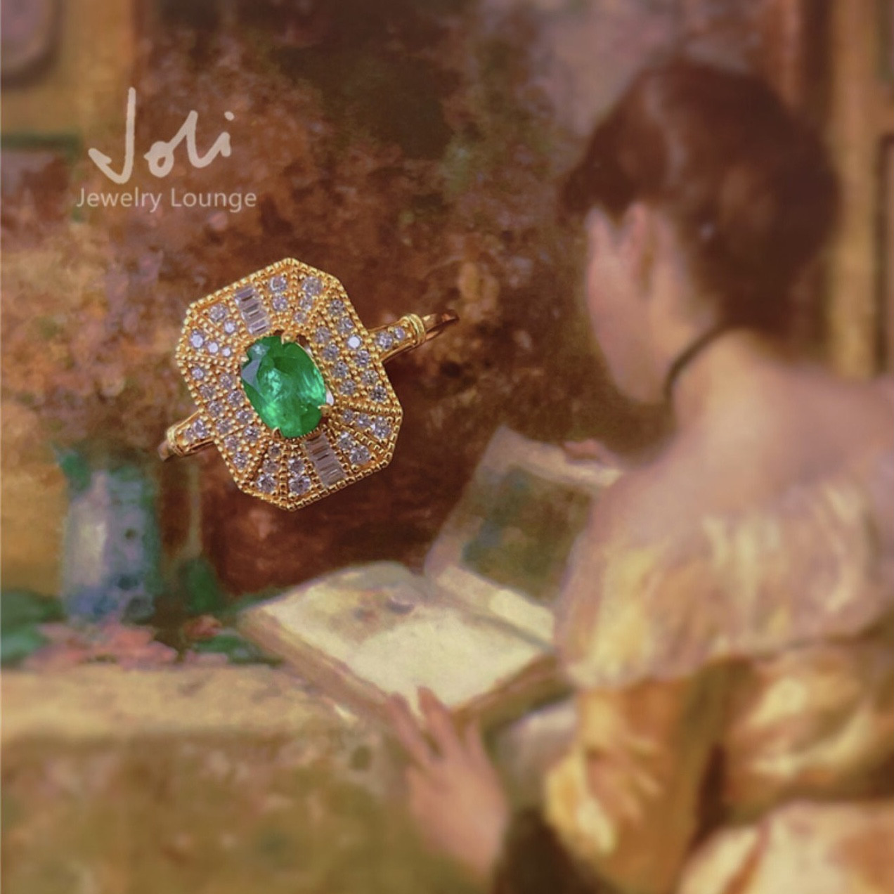 フレンチスタイル ナチュラル エメラルド 天然 レトロ グリーン リング キラキラ ラグジュアリー 緑 ミル打ち