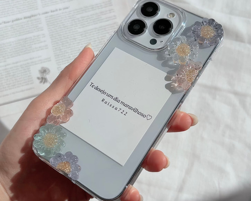 天然シェル♡キラキラ アイリス柄 ブルー オリジナルiPhoneケース フラワー セール】シェル風キラキラ 花柄 スマホケース（スマホケース