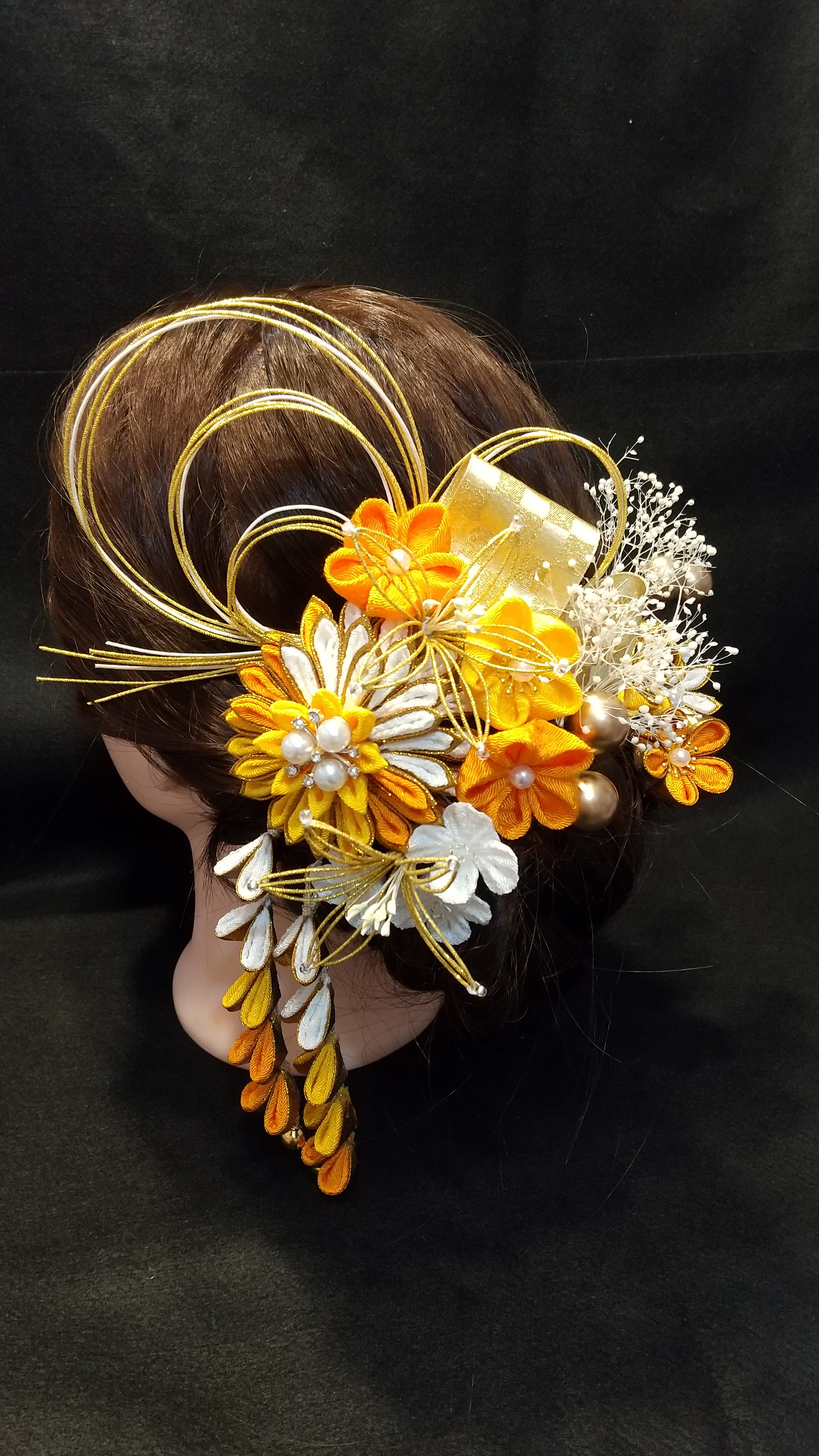 つまみ細工&水引&ドライフラワー   成人式、卒業式、婚礼などの髪飾り｢ちりめん｣黄色、オレンジ、白、金