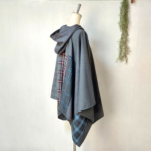 鎌倉シャツ ウール カシミヤ ポンチョ マント コート グレー F フード