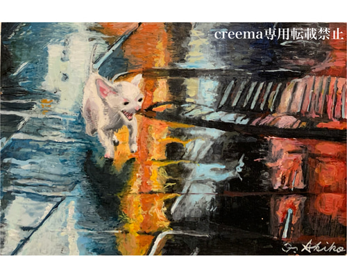 絵画 2L判 アクリル画 原画 手書き 猫 白猫 仔猫 風景画 夜景