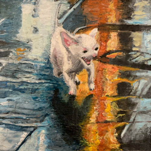 オレンジ色の猫のアクリル画 （アクリル画 猫の絵 猫 動物画