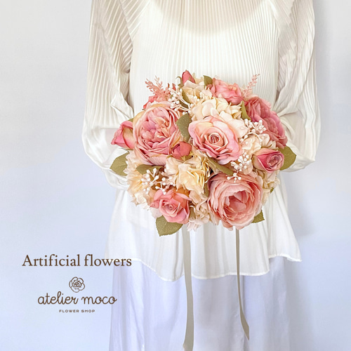 オーダーメイド】ピンクローズの アンティーク ラウンド ブーケ（造花