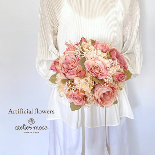 オーダーメイド】ピンクローズの アンティーク ラウンド ブーケ（造花