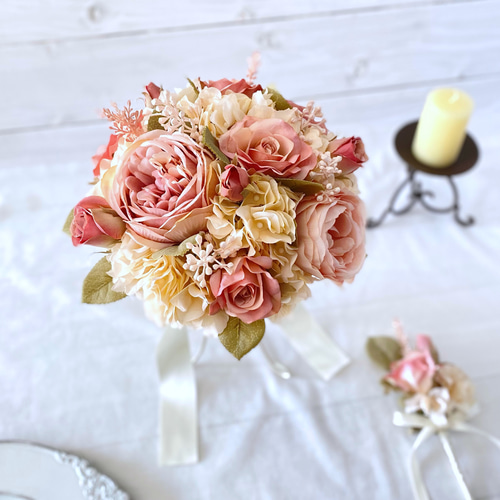 オーダーメイド】ピンクローズの アンティーク ラウンド ブーケ（造花