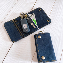 岡山牛仔布三折鑰匙包 4 排智慧鑰匙包 卡包 零錢包 第1張的照片