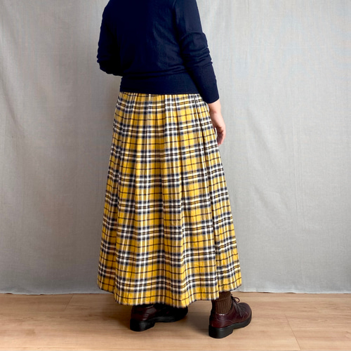 イエロータータンチェックのタックスカート ロングスカート ロング